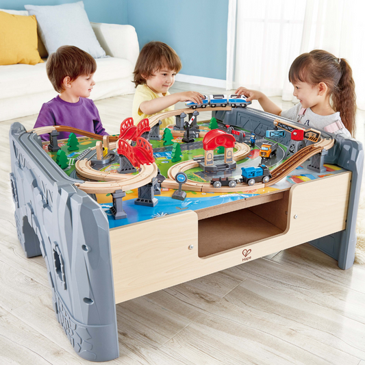 Hape 70 Piece Railway Train & Table Set with Battery Powered Locomotive