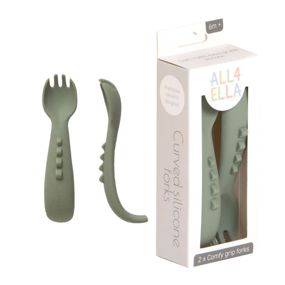 All4Ella Curved Silicone Fork 2 Pack - Olive