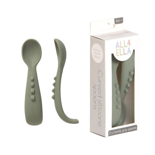 All4Ella Curved Silicone Spoon 2 Pack - olive