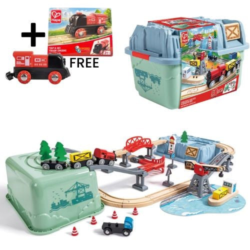 Hape Railway Bucket Harbor Set + E8768 Tap & Go Train Engine